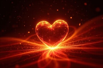 Poster - A Shimmering Glass Heart Glowing with Fiery Light Surrounded by Sparkling Particles and Gentle Waves in a Dark Background