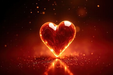 Poster - Captivating Glowing Heart Shape in Glass with Firelight Reflections and Sparkles Creating a Romantic and Magical Atmosphere for Various Creative Projects
