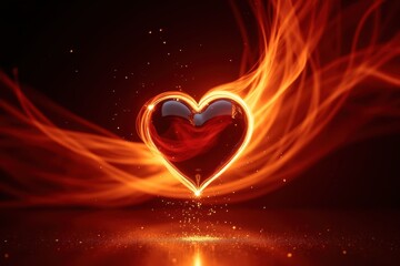 Poster - Heart Shaped Glass Object Surrounded by Fiery Light and Sparkles in a Dark Background Evokes Passion and Warmth in a Captivating Display of Color