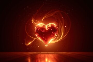 Poster - A Romantic Glass Heart Illuminated by Warm Firelight Creating an Enchanting Atmosphere with Soft Glows and Gentle Swirls in Dark Surroundings