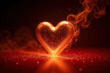 Poster - Glowing Glass Heart Emitting Warm Firelight with Magical Smoke Swirls and Glittering Sparkles for Romantic and Artistic Themes