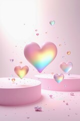 Poster - Colorful Rainbow Hearts with Droplets Floating on a Soft Pink Background in a Dreamy and Whimsical Studio Setting for Creative Designs