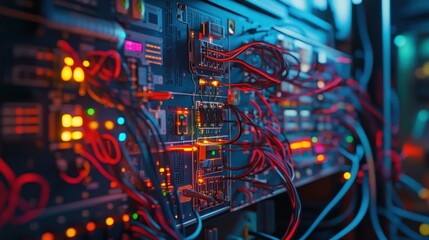 Poster - Close up view of a complex server rack circuit board featuring intricate electronic components, glowing leds, and a vibrant network of cables, emphasizing modern technology's complexity