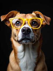 Poster - A Humorous Portrait Of A Dog Wearing Yellow Glasses Is Generated Using Artificial Intelligence And Isolated On A Black Background. 00003