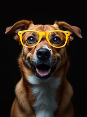 Poster - A Humorous Portrait Of A Dog Wearing Yellow Glasses Is Generated Using Artificial Intelligence And Isolated On A Black Background. 00002