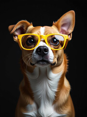 Poster - A Humorous Portrait Of A Dog Wearing Yellow Glasses Is Generated Using Artificial Intelligence And Isolated On A Black Background. 00001