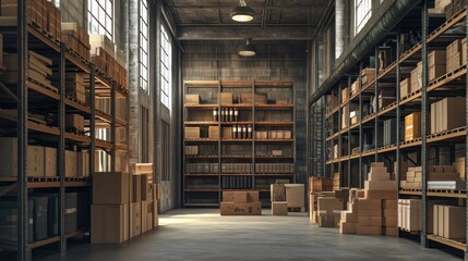 Wall Mural - A Modern Warehouse Interior With Cardboard Boxes Lined Up On Metal Shelves