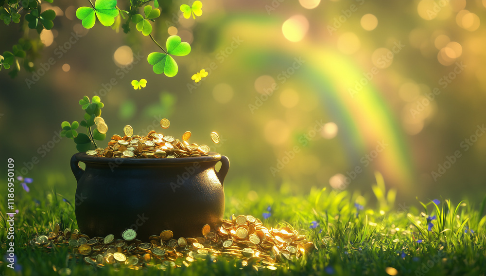 Pot filled with gold coins and rainbow on green background for St. Patrick's Day celebration.