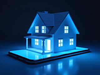 Poster - A House Made Entirely Out Of Blue Light Stands On A Mobile Phone Screen In This Innovative Smart Home Concept Design. 00001