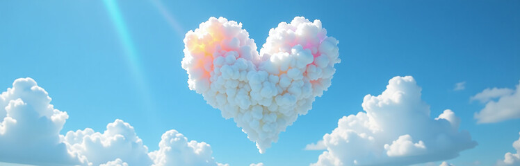 Poster - A Heart Shape Forms In The Sky, Composed Of White Clouds, A Blue Background, And A Vibrant Rainbow Effect. 00003