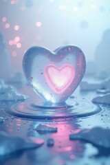 Poster - Captivating Heart-Shaped Ice Sculpture in a Dreamy Atmosphere with Soft Lighting and Glittering Elements, Ideal for Romantic and Seasonal Themes