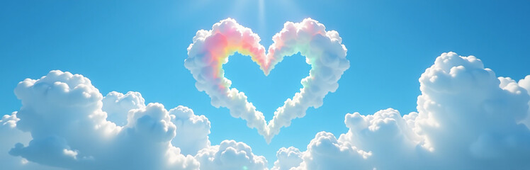Poster - A Heart Shape Forms In The Sky, Composed Of White Clouds, A Blue Background, And A Vibrant Rainbow Effect. 00002