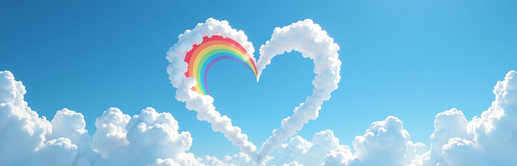 Poster - A Heart Shape Forms In The Sky, Composed Of White Clouds, A Blue Background, And A Vibrant Rainbow Effect. 00001