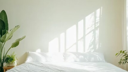 Fototapete - Bright sunlight streaming through the window casts shadows on a cozy, unmade hotel bed, creating a peaceful and inviting atmosphere for summer relaxation