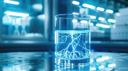 Poster - Glass Container with Glowing Water and Electric Lightning Effect in a Science Laboratory Environment
