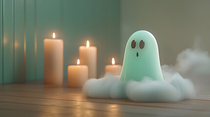 Wall Mural - ghostly apparition surrounded by flickering candles and mist creates spooky atmosphere. soft glow and playful expression evoke sense of wonder and mystery