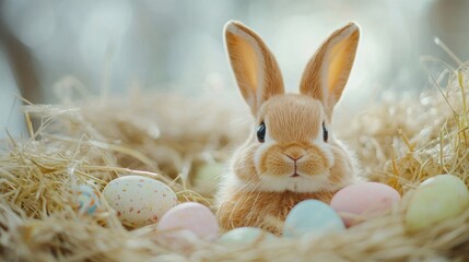 Wall Mural - Adorable Easter Bunny Nestled Among Colorful Eggs