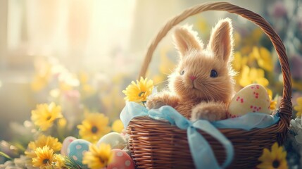 Wall Mural - Easter Bunny in Basket with Flowers and Eggs