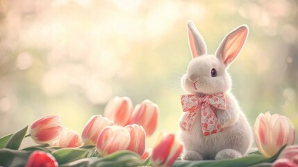 Wall Mural - Adorable White Bunny Surrounded By Spring Tulips