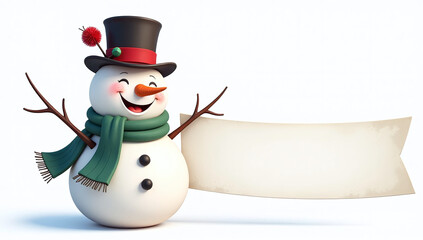 Poster - A Happy Smiling Snowman With A Blank Label Banner Is Isolated On A White Background With A Transparent Png Image. 00003