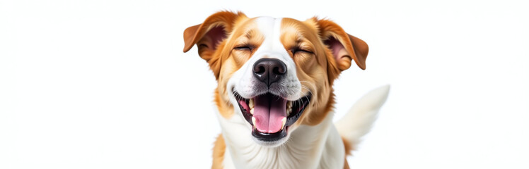 Aufkleber - A Happy Smiling Dog Is Isolated On A White Background With Closed Eyes In A Fun And Playful Portrait Image. 00003