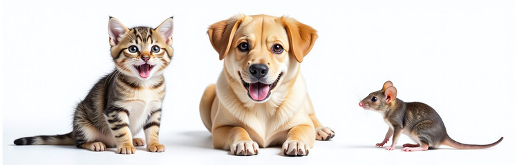 Poster - A Happy Smiling Cat Dog And Mouse Are Isolated On A White Background In A Transparent Png Portrait. 00003