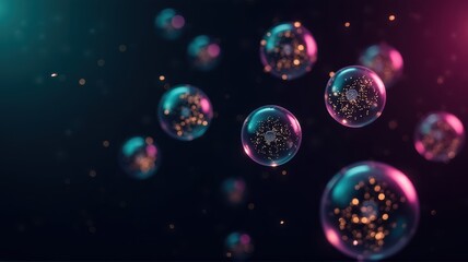 Poster - Ethereal Light Bubbles Floating in a Dreamlike Space with a Multicolored Background and Sparkling Particles in Motion