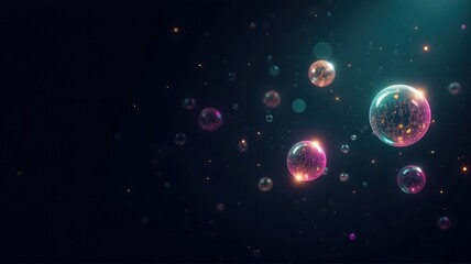 Poster - Glimmering Bubbles in Soft Light Against a Dark Background, Capturing the Magic of Reflection and Color with an Ethereal Atmosphere for Creative Concepts