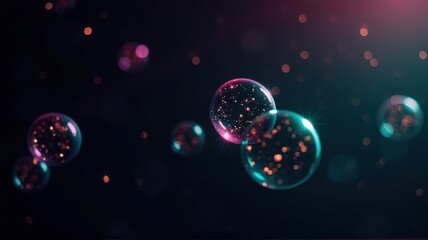 Poster - Ethereal Light Reflections in Colorful Bubbles Floating in a Dark Space with Twinkling Particles and a Dreamy Atmosphere, Perfect for Artistic and Abstract Themes