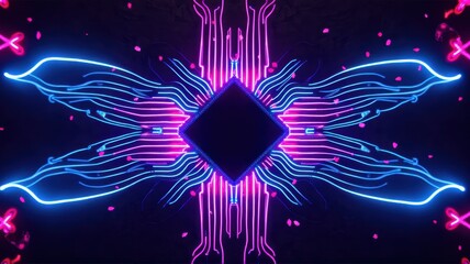 Poster - Glowing Abstract Light Design with Centered Geometric Shape and Neon Colors Creating a Futuristic Digital Background
