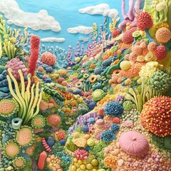 Leinwandbilder - Colorful landscape of bacteria forms and textures under a bright sky filled with clouds. Generative AI