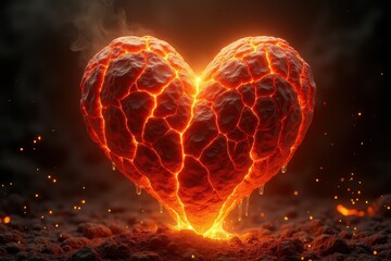 Poster - Fiery Heart Shaped Lava Formation Emitting Golden Glows with Sparks and Smoke, Symbolizing Passion, Love, and Natural Beauty in a Striking Eruptive Landscape