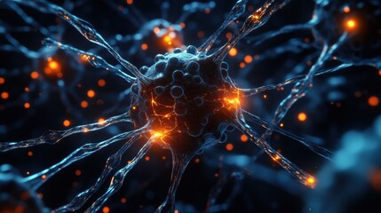 Poster - Detailed 3D visualization of a virus showing structure and glowing features with RNA strands and capsid elements. Generative AI
