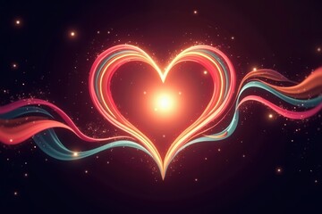Poster - Vibrant Heart Design with Illuminated Light and Flowing Ribbons Creating an Enchanting Atmosphere of Love and Emotion in a Colorful Abstract Composition
