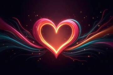 Poster - Radiant Heart with Colorful Light Ribbons Flowing Elegantly in a Dark Background Creating a Dreamy and Enchanting Visual Experience