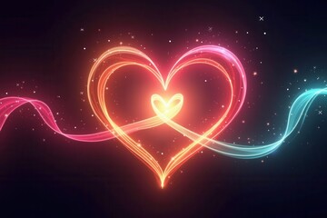 Poster - Vibrant Heart Shaped Light Ribbons in a Gradient of Colors with Starry Background Creating a Romantic and Whimsical Atmosphere