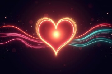 Poster - Vibrant Heart with Light Trails and Ribbons in a Dark Background Creating a Romantic and Dreamy Atmosphere for Creative Projects
