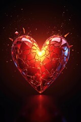 Poster - Captivating Shattered Glass Heart with Glowing Core on Dark Background, Symbolizing Love, Emotion, and Fragility in Stunning Visual Presentation