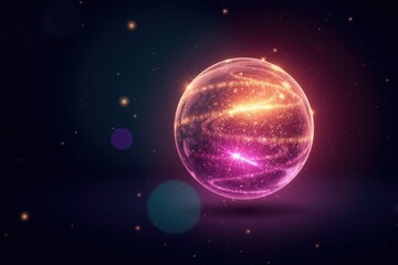 Poster - Ethereal Glow of Light Particles in a Colorful Sphere Against Dark Background, Capturing the Essence of Cosmic Energy and Mystical Light Effects