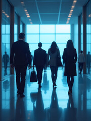 Poster - A Group Of Blurred People Walk In A Business Lobby With A Blue Tonal Background Generated By An Artificial Intelligence System. 00003