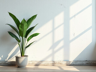 Aufkleber - A Green Plant Stands Against A Sunny Old White Wall, Amidst An Abstract Nature Background Created By An Ai Generator. 00003