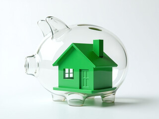 Poster - A Green Model House Isolated In A Transparent Piggy Bank Is Placed On A Clean White Background To Stand Out. 00002