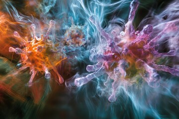Fototapete - Antibodies engage and attack virus particles in a vibrant microscopic landscape filled with colorful pathogens. Generative AI