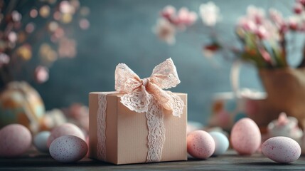 Wall Mural - Easter Gift Box With Pastel Eggs And Flowers