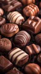 Aufkleber - Close up of a box of assorted gourmet chocolates, showcasing a variety of shapes, colors, and textures, creating a tempting display for chocolate lovers