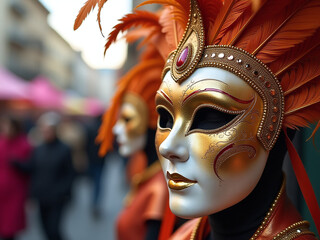 Poster - A Gold Carnival Mask Adorned With Feathers And Placed Against A Vibrant And Colorful Background Of A Lively Festival Scene. 00003