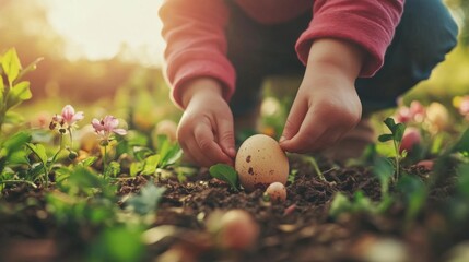 Poster - Child Gently Plants Speckled Easter Egg In Garden