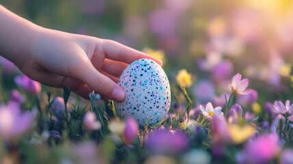 Poster - Childs hand gently touches speckled Easter egg in flowers