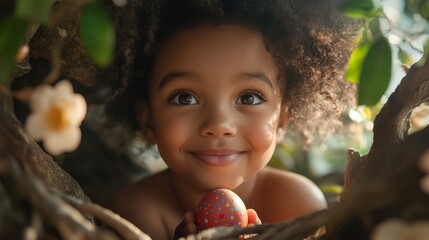 Wall Mural - A Happy Child Holding A Decorated Easter Egg