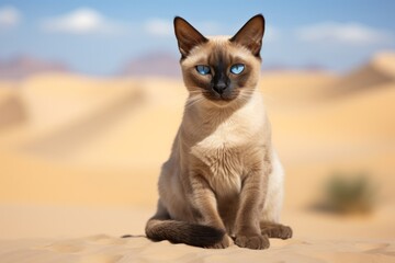 Wall Mural - Portrait of a happy tonkinese cat over serene dune landscape background